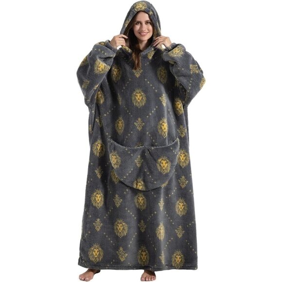 ⭐Sweat Grey Lion Warm Giant Hoodie Thick Flannel Blanket with Sleeve - Picture 4 of 5